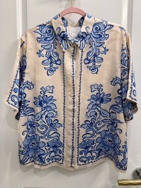 Johnny Was Cream Button-Down Shirt with Blue Floral Print